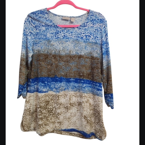 Tops - Easywear By Chicos Blue and Brown Pullover 3/4 Sleeve Women's Top Size 1 P2P 20